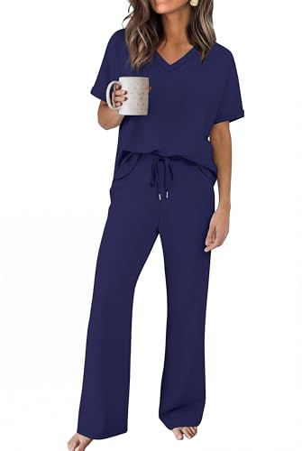 Sampeel Lounge Sets for Women V Neck Turn-UP Sleeves Tops Wide Leg Pants 2 Piece Sets Oversized Summer Vacation Outfits 2026 - color: Dark Blue, size: Medium