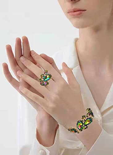 Women's Wedding Bridal Austrian Crystal Glass Teardrop Statement Necklace Dangle Earrings Bracelet Ring Wedding Party Jewelry Set for Bridal Bridesmaid - color: Rainbow-Gold Plated