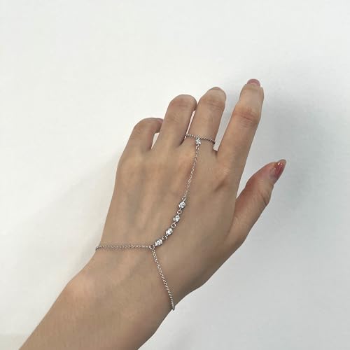 Kakikaki 925 Sterling Silver Finger Ring Bracelet Hand Chain for Women | Slave Bracelets 7" to 9" Adjustable - color: Silver, style: 5 Diamond