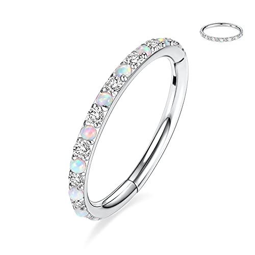 GAGABODY Surgical Steel Hypoallergenic Nose Ring Earring CZ Hoop for Unisex | Hinged Seamless Clasp,Used in Nostril,Septum,Lip,Eyebrow,Nipple and All Ear Piercings.22G to 12G,Inner Diameter 5mm to 14mm - color: Style5:Silver+Clear CZ & White Opal, size: 2