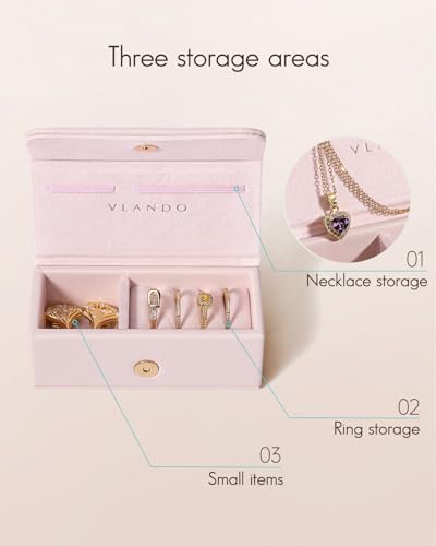 VLANDO Small Travel Jewelry Case,Gifts for Women Bridesmaid,Tangle-Free Jewelry Organizer for Rings Earrings Necklaces, Vegan Leather, Magnetic Closure, Gift Ready-Pink - color: Pink