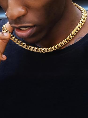 ChainsHouse Miami Cuban Link Chain Necklace for Men, Stainless Steel | 4.8/6/10/14mm Widths, Black/14K Gold Plated Finishes, Hip Hop Style, Daily Wear, Gift Box Included - color: Gold Plated