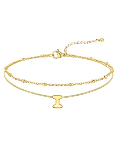FOCALOOK Initial Anklet Bracelet for Women, 14K Gold Plated Anklets Layer Letter Ankle Chain Non Tarnish, 8.5"+2" Adjustable Large Ankle Summer Beach Foot Jewelry - color: Gold-I