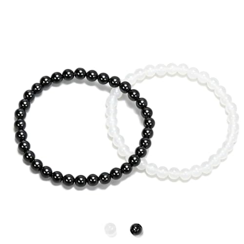 2PCS Agate Bracelet for Women Men Natural Round Beaded Agates Stone Healing Stretch Bracelets Elastic Handmade Polished Gemstone Beads Bracelet - color: Black+White, size: 6mm Beads