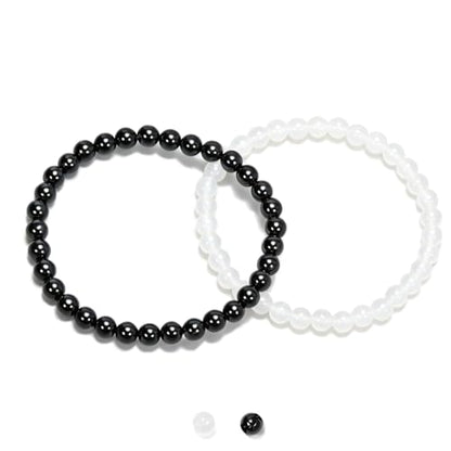 2PCS Agate Bracelet for Women Men Natural Round Beaded Agates Stone Healing Stretch Bracelets Elastic Handmade Polished Gemstone Beads Bracelet - color: Black+White, size: 6mm Beads