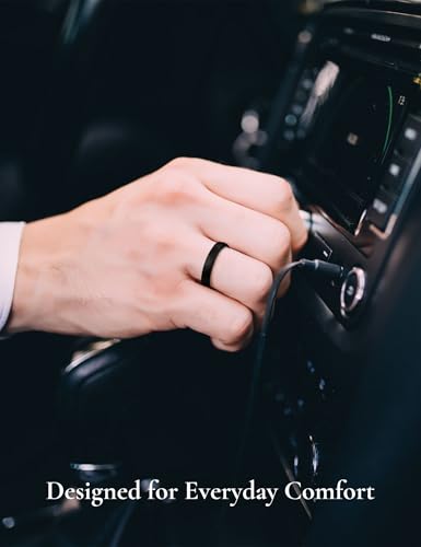 King Will Men's Tungsten Carbide Wedding Ring Hammered Groove Wedding Band Mens Two Tone Engagement Ring for Men and Women Matte Brushed Finish Comfort Fit - color: 4mm Black