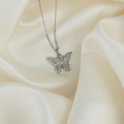 SHINYY Butterfly Pendant Necklace for Women 18K Stainless Steel Charm Bracelet Jewelry Gift for Her - color: Silver