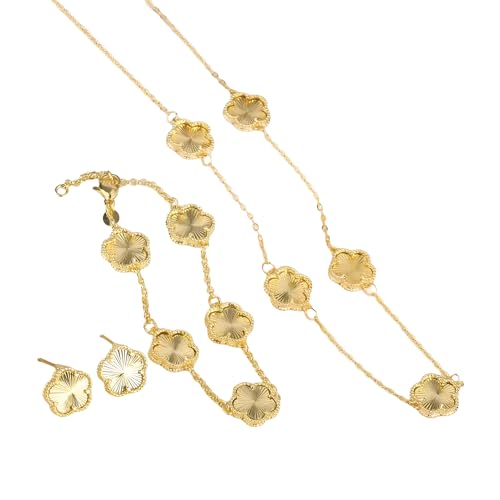 14K Gold-Filled Clover Necklace For Women - Classic Five-Leaf Flower Set Bracelet Necklace Earrings Jewelry Set, Five Leaf Clover Necklaces Dainty Lucky Clover Jewelry - color: Gold - Clover Necklace