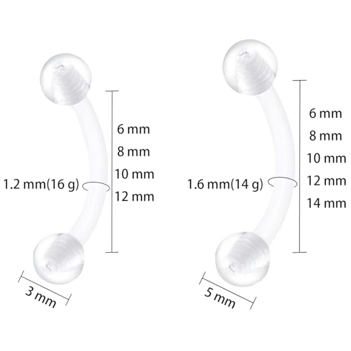 Clear Eyebrow Piercing Set for Women Men Acrylic Curved Barbell Retainer Plastic Snake Eyes Piercing Jewelry Tongue Eyebrow Bar Rings Vertical Labret Lip Bars Jewellery 10 pcs - size: 1.2*12+3