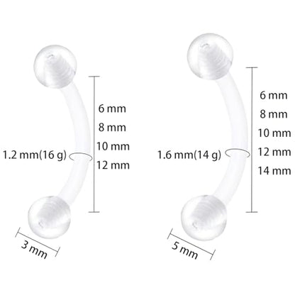 Clear Eyebrow Piercing Set for Women Men Acrylic Curved Barbell Retainer Plastic Snake Eyes Piercing Jewelry Tongue Eyebrow Bar Rings Vertical Labret Lip Bars Jewellery 10 pcs - size: 1.2*6+3