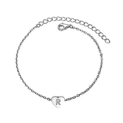 KunBead Initial Engraved Letter Bracelets Dainty Mini Size Heart Love Charm Stainless Steel Bracelets for Women Birthday Jewelry - style: R