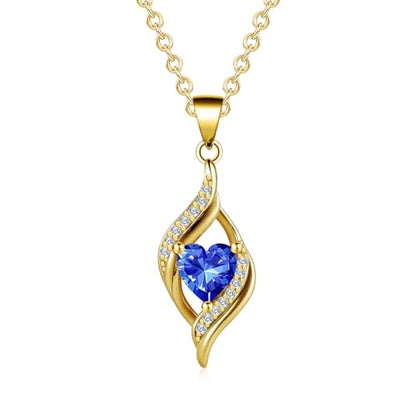 Birthstone Necklace for Women, 14K Gold Plated Heart Cubic Zirconia Pendant, Dainty Birthstone Jewelry Necklace Gifts for Birthday, Valentine’s Day Mother's Day - color: September-Sapphire