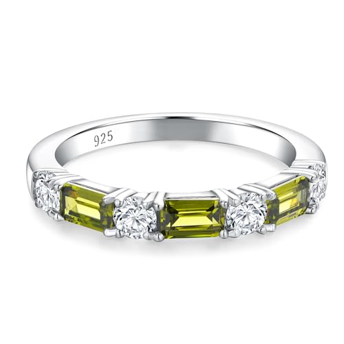 3.5mm Half Eternity Band Sterling Silver Rings for Women Sapphire/Ruby/Emerald and Cz Wedding Bands 7 Stone Stackable Birthstone Ring Anniversary Jewelry Size 6-10 - color: 08-Peridot-Aug.