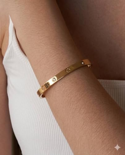 Gold Bangle Bracelet with Crystal Stones, Clover Design, Hinged Cuff, Stainless Steel