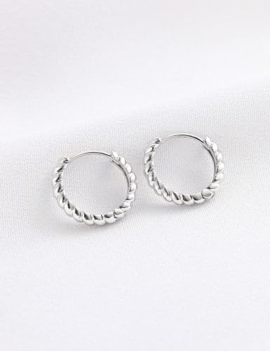 Fiusem 14K Gold Plated Huggie Hoop Earrings for Women | 8/10/12 Hypoallergenic Small Twisted beaded Huggie Earrings - color: Silver Twisted, size: 12MM