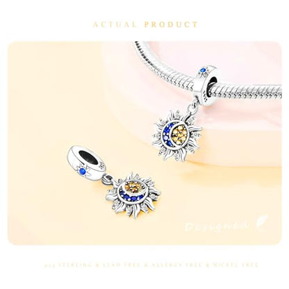 925 Sterling Silver Charms Bead for Bracelets Necklaces, Star Moon Crescent Sun Solar Pendent, Blue Ocean Starfish Shells Turtle Crab Starry Sea Cute Jewelry Birthday Gifts for Women Men - style: Sun Moon Star