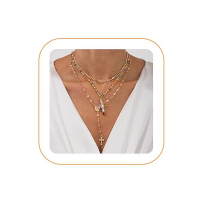Layered Cross Necklace Set for Women, Layered Choker Necklaces Trendy Jewelry, Colorful Enamel Beaded Y-Shaped Lariat Necklace, Boho Multilayer Cross Necklace for Party and Daily Wear - color: Gold-10