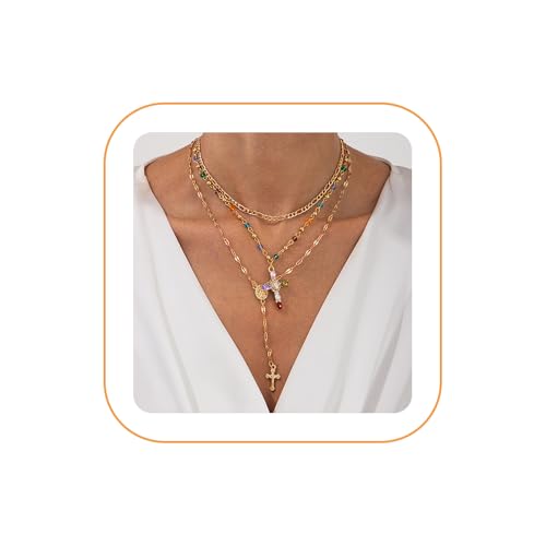 Layered Cross Necklace Set for Women, Layered Choker Necklaces Trendy Jewelry, Colorful Enamel Beaded Y-Shaped Lariat Necklace, Boho Multilayer Cross Necklace for Party and Daily Wear - color: Gold-10