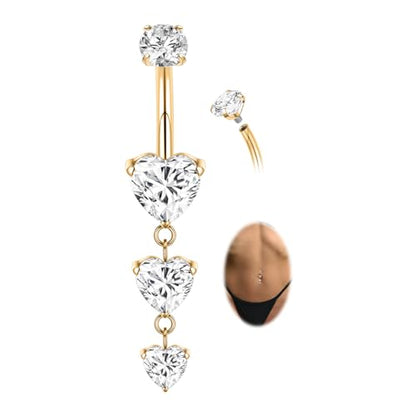 GAGABODY G23 Titanium Dangly Belly Button Ring Long Belly Rings Belly Piercing Jewelry 14G 3/8 inch 10mm Navel Barbell CZ Navel Piercing Ring - color: Style2:Gold+Dangle Heart Shape Clear CZ