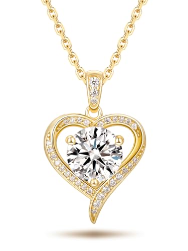 CYW Genuine Sapphire/Emerald/Ruby/Moissanite Necklace for Women, Really Authentic Solid 925 Sterling Silver, 16"/18"/20" Adjustable Chain, Anniversary Mother's Day Valentines Gift - color: Heart - Yellow Gold, size: 8mm