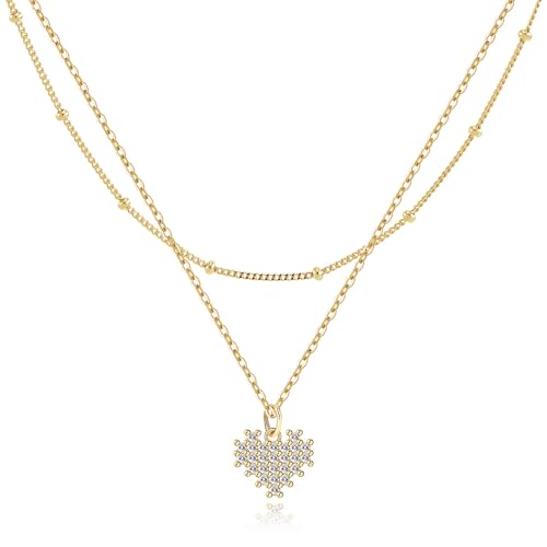 MJartoria 14K Gold Plated Gold Layered Necklace, Heart Butterfly Star Moon Pendant Necklace for Women, Dainty Jewelry Gifts for Mom, Wedding, Party, Daily Wear - style: Heart