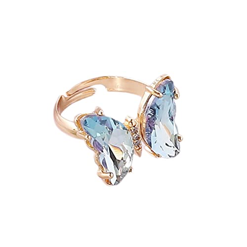 COLORFUL BLING Adjustable Elegant Transparent Crystal 3D Butterfly Rings for Women Aesthetic Gold Plated Cute Animal Insect Open Finger Cuff Ring Birthday Valentine Gifts - color: transparent light blue