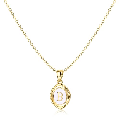 14K Gold Plated Initial Necklaces for Women, Letter Charm Pendant Necklace | Dainty Oval White Enamel Personalized Name Necklace, Trendy Jewelry with 16 inches Chain and 2 inches Extender - color: B