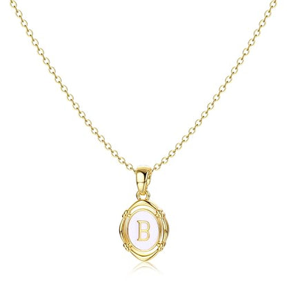 14K Gold Plated Initial Necklaces for Women, Letter Charm Pendant Necklace | Dainty Oval White Enamel Personalized Name Necklace, Trendy Jewelry with 16 inches Chain and 2 inches Extender - color: B