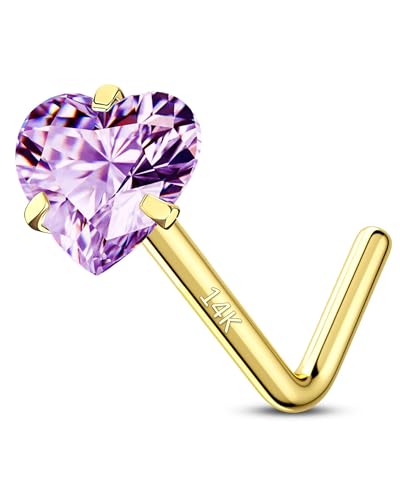14K Real Gold Nose Studs 20G Nose Rings Studs L Shaped Nose Rings for Women Men Diamond CZ Nose Piercing - color: Yellow Gold-Heart PPCZ