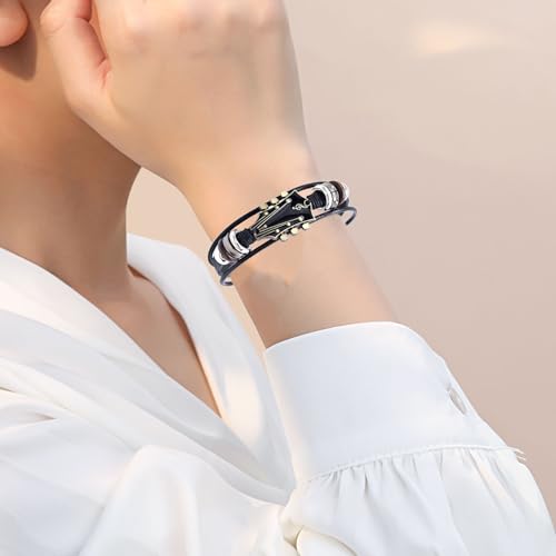 Angyape Retro Faux Leather Guitar Bracelet, Zinc Alloy Rock Music Guitar Leather Bracelet Punk Handmade Braided Multi-Layer Wrap Guitar Shape Decorative Cuff Bracelet Musical Enthusiast Gift - color: Black