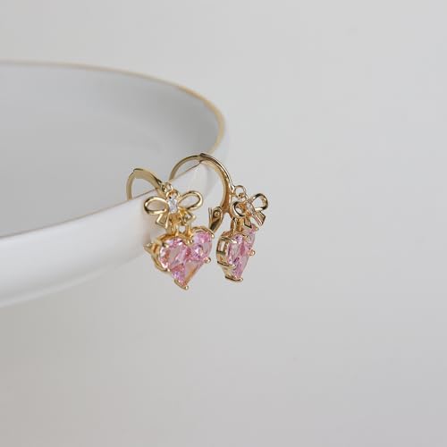 Sonateomber Gold Silver Small Hoop Dangle Earrings for Women, Trendy Dainty Rhinestone CZ Dangling Prom Wedding Leaf Flower Snowflake Butterfly Starfish Fashion Jewelry Gift - color: Pink Heart