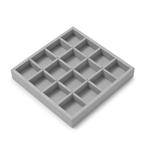 Microfiber 16 Grids Stackable Jewelry Display Trays Showcase | Jewelry Organizer Storage Trays Gray - size: 5.49" x 5.52" x 0.78"