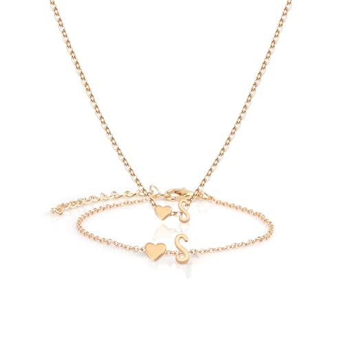 Gold Bracelets For Women Heart Initial Letter Pendant Necklace and Bracelet Set Personalized Jewelry Sets for Women Birthday Gifts for Mom Her Daughter Initial Necklace 14K Silver Plated - style: Gold-S