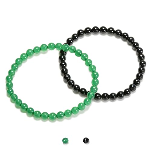 2PCS Agate Bracelet for Women Men Natural Round Beaded Agates Stone Healing Stretch Bracelets Elastic Handmade Polished Gemstone Beads Bracelet - color: Black+Green, size: 6mm Beads
