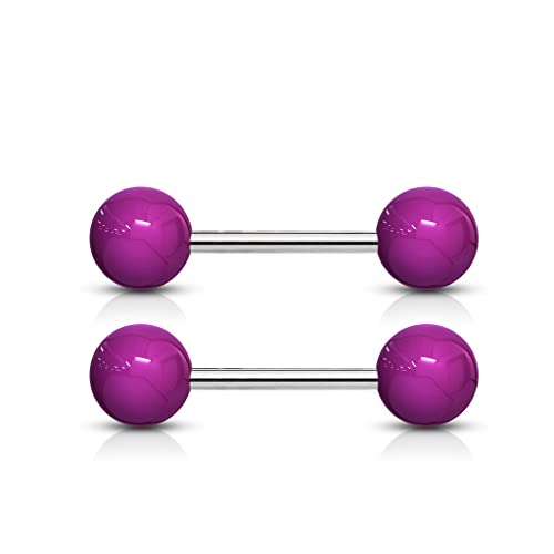 Forbidden Body Jewelry 14 g 16 mm Stainless Steel Nipple or Tongue Ring Barbell Set with Acrylic Balls (Choose Color) - style: Purple