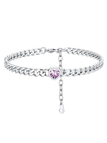 ChainsHouse Cuban Chain Anklets for Women with Heart Birthstone Jan - Dec | Stainless Steel Black Link Chain Ankle Bracelet with Birthstone, Beach Women Anklet 22cm-27cm Adjustable, with Gift Box - color: 06. Jun.-Alexandrite-Steel