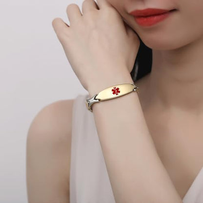 LinnaLove Fashion Shiny medical alert bracelet with Free Engraving Stainless steel Medical id bracelet for Women - color: GOLD