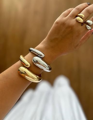 Chunky Gold Bangle Bracelets for Women, Dainty 14k Gold Plated Big Stackable Bangles Set, Trendy Statement Cuff Bracelet Stack Fashion Jewelry Gifts - style: 2 Silver & gold teardrop chunky bangles