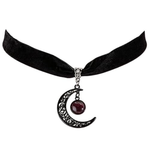 Gothic Black Velvet Choker Necklace for Women Moon Cat Eye Pendant Choker Vintage Punk Crescent Necklaces Adjustable Short Collar Goth Jewelry Halloween Witch Costume Accessories