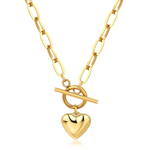 Chunky Gold Necklace for Women, 18K Waterproof Heart Necklace Statement Necklace Gold Charm Necklace Chunky Jewelry Paperclip Chain Choker Gift for Women - style: OT Chain Heart