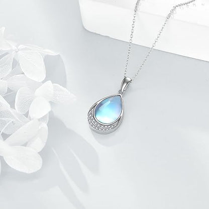 YAFEINI 925 Sterling Silver Moonstone Necklace Filigree Teardrop Pendant Necklace Jewelry for Women Girls - color: V-Cubic Zirconia Moonstone Necklace