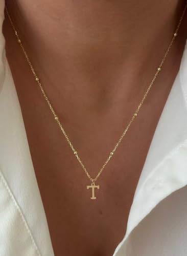 Initial Necklaces for Women Dainty 14k Gold Plated A-Z Letter Pendant Name Necklaces Cute Charm Choker Fashion Accessories Non Tarnish Trendy Jewelry Gift - color: Gold, style: T