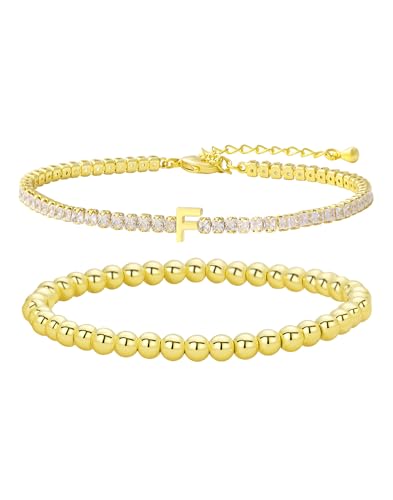 14K Gold Plated Bracelets for Women Dainty Tennis Initial Bracelet Trendy Beaded Stackable Charm Bracelets Layered Waterproof Bracelet Dainty Bracelet for Women Jewelry Gifts - style: F