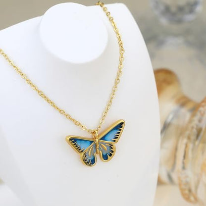 Gold Compass Charm Necklace for Women, Trendy Simple Dainty Inspirational Compass Butterfly Bow Knot Red Christmas Mug Sun Friendship Necklaces Graduation Gifts - style: Blue Butterfly