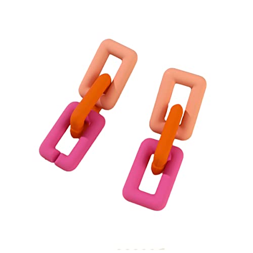 Chunky Acrylic Link Earrings Multicolor Thick Rectangle Paperclip Link Chain Earrings Rainbow Resin Geometric Paperclip Chain Ear Drop Dangle Earrings for Women Girl Funky Jewelry - color: J pink orange rose