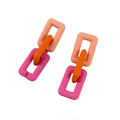Chunky Acrylic Link Earrings Multicolor Thick Rectangle Paperclip Link Chain Earrings Rainbow Resin Geometric Paperclip Chain Ear Drop Dangle Earrings for Women Girl Funky Jewelry - color: J pink orange rose