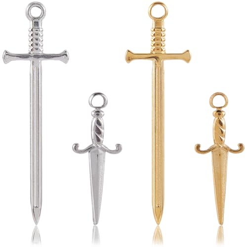 SUNNYCLUE 1 Box 16Pcs 4 Styles Real 18K Gold Plated Sword Charms Bulk Small Dagger Charms Silver Stainless Steel Knife Weapon Dangle Pendants for Jewelry Making Supplies Bookmarks Necklace Crafts DIY