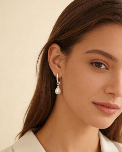 Pearl Earrings for Women Trendy, 14k Gold Plated Freshwater CZ Leaf Pearl Dangle Drop Gold Earrings Lightweight Hypoallergenic Stud Earring Bridesmaid Wedding Gold Jewelry for Women Gifts - style: hoop pearl-silver