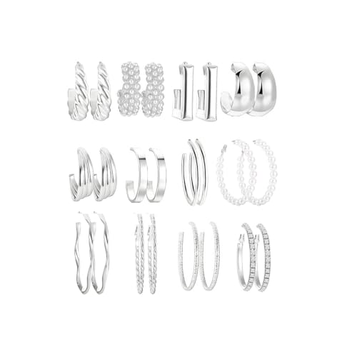 Gold Hoop Earrings Set for Women, Fashion Chunky Pearl Earrings Multipack Twisted Statement Earring Pack, Hypoallergenic Small Big Hoops Earrings for Birthday Party - color: Silver-12 Pairs