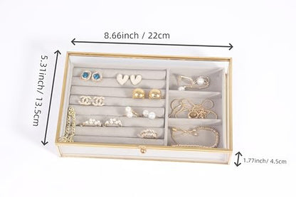 Feyarl Gold Glass Jewelry Trinket Box Ring Earring Display Holder Box Bracelet Brooch Organizer Decorative Photo Cards Collection Keepsake Case Insert Velvet Tray for Home Deco Dresser Table